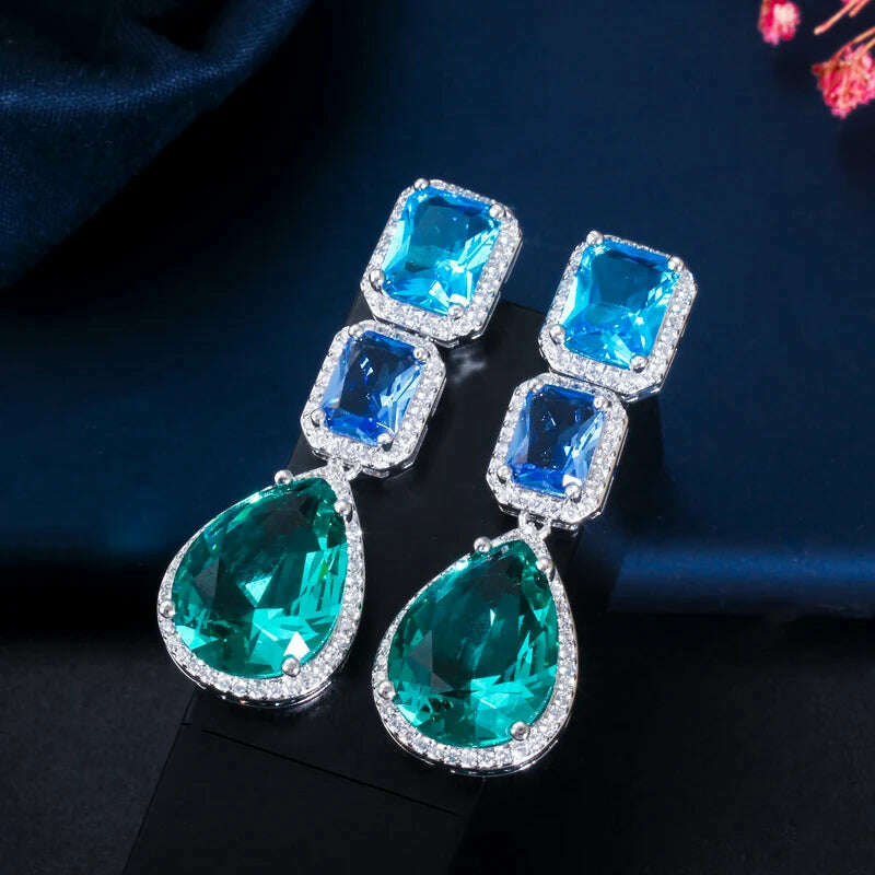 KIMLUD, CWWZircons Unique Designer Big Long Water Drop Blue Crystal Cubic Zirconia Bohemian Earrings Jewelry Accessories for Women CZ729, KIMLUD Womens Clothes