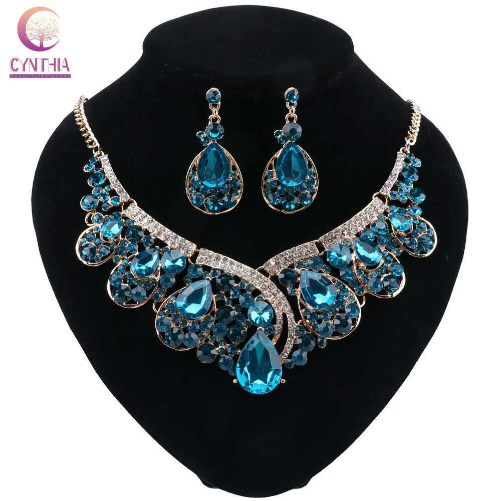 KIMLUD, CYNTHIA Wedding Jewelry Sets Green Crystal Necklace Earrings Set Gifts for Women Dating Party Dresses Gold Color Accessories, KIMLUD Womens Clothes