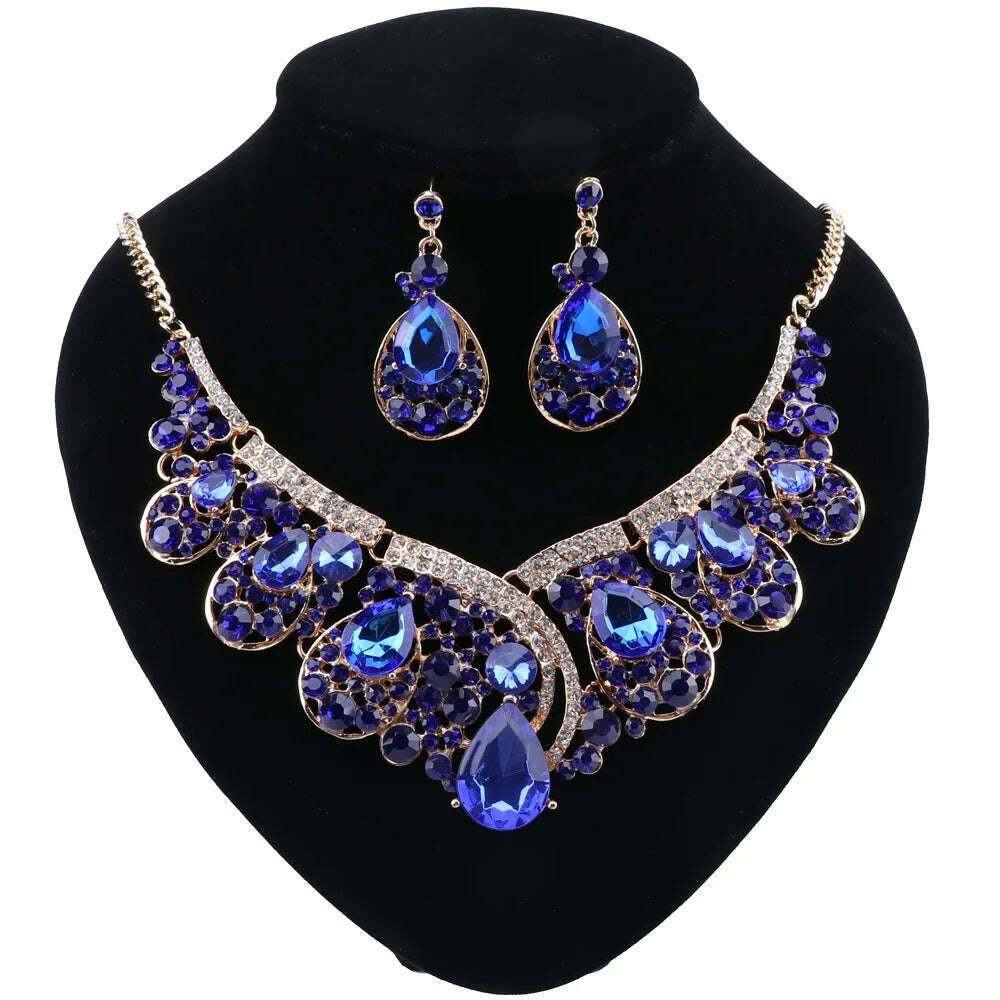 KIMLUD, CYNTHIA Wedding Jewelry Sets Green Crystal Necklace Earrings Set Gifts for Women Dating Party Dresses Gold Color Accessories, Blue2, KIMLUD APPAREL - Womens Clothes