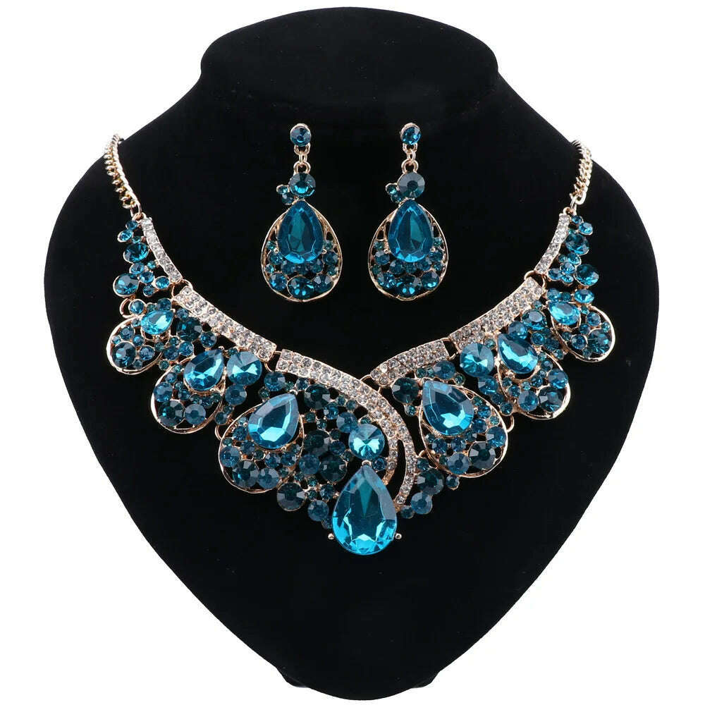 KIMLUD, CYNTHIA Wedding Jewelry Sets Green Crystal Necklace Earrings Set Gifts for Women Dating Party Dresses Gold Color Accessories, Blue1, KIMLUD APPAREL - Womens Clothes