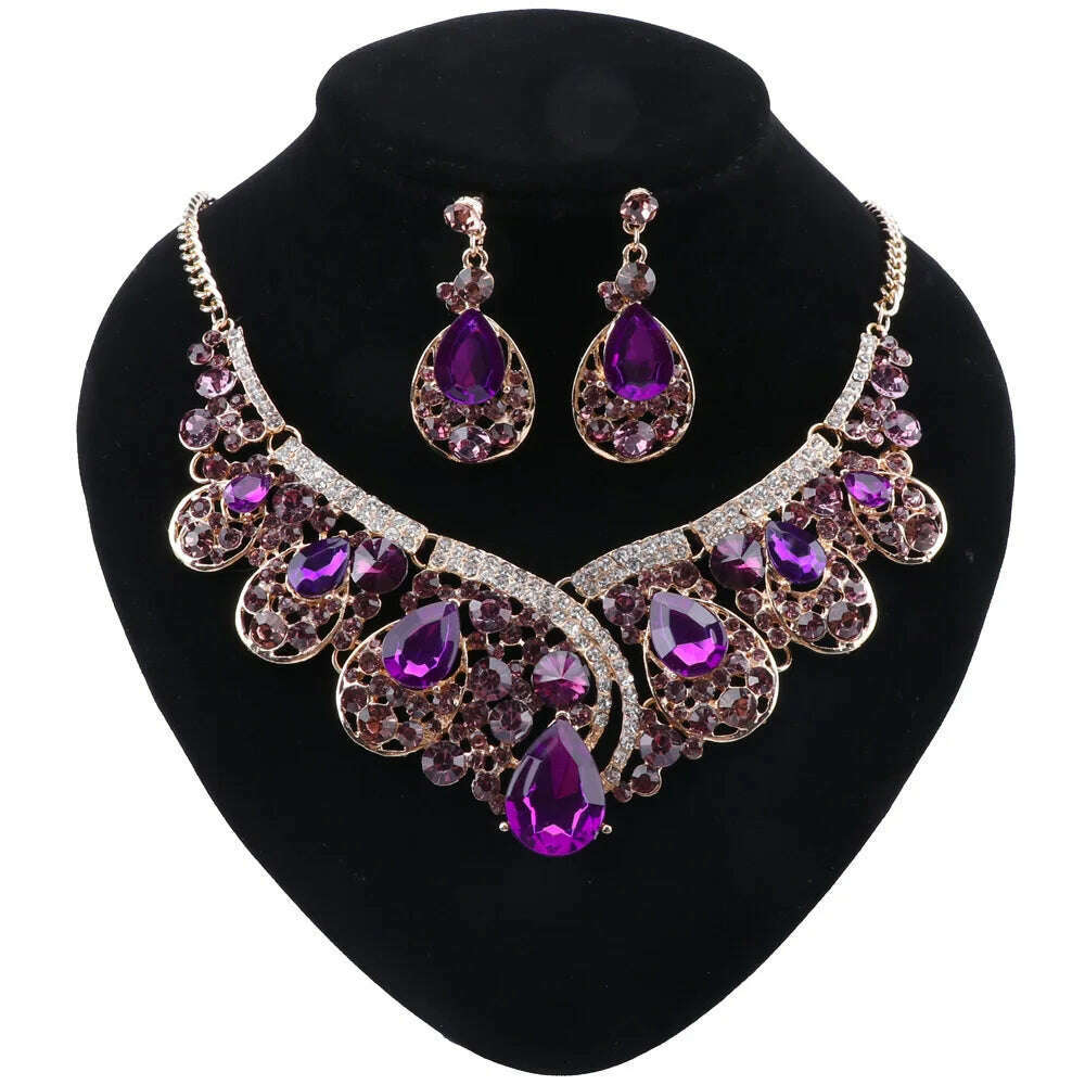 KIMLUD, CYNTHIA Wedding Jewelry Sets Green Crystal Necklace Earrings Set Gifts for Women Dating Party Dresses Gold Color Accessories, Purple, KIMLUD APPAREL - Womens Clothes