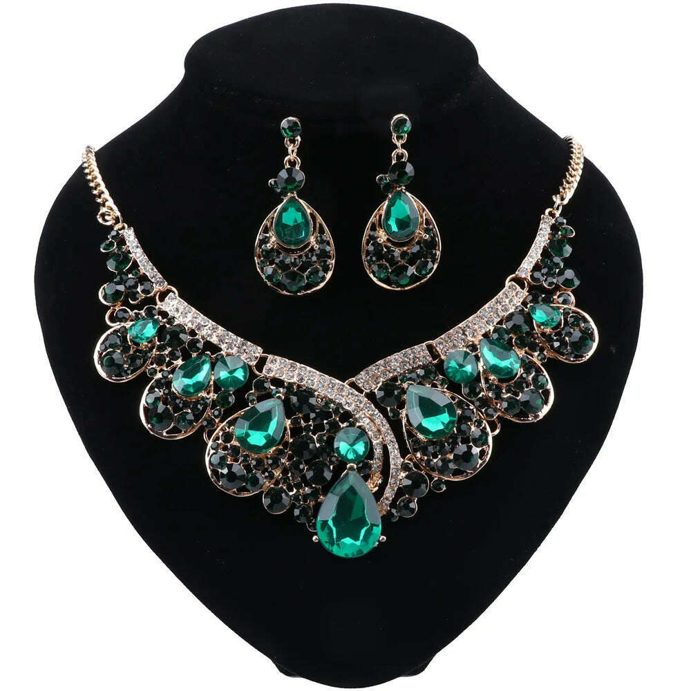 KIMLUD, CYNTHIA Wedding Jewelry Sets Green Crystal Necklace Earrings Set Gifts for Women Dating Party Dresses Gold Color Accessories, Green, KIMLUD APPAREL - Womens Clothes