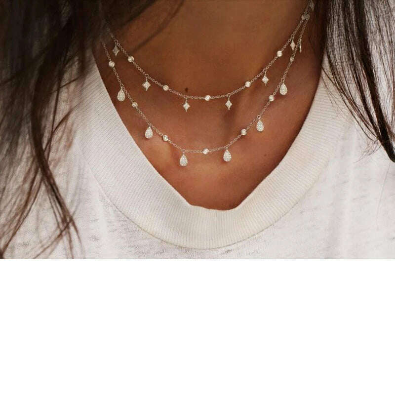 KIMLUD, Dainty 925 Sterling Silver Cz White Round Delicate Layer Choker Necklace Hot Fashion Elegant Jewelry For Women Wedding Gift, KIMLUD Womens Clothes