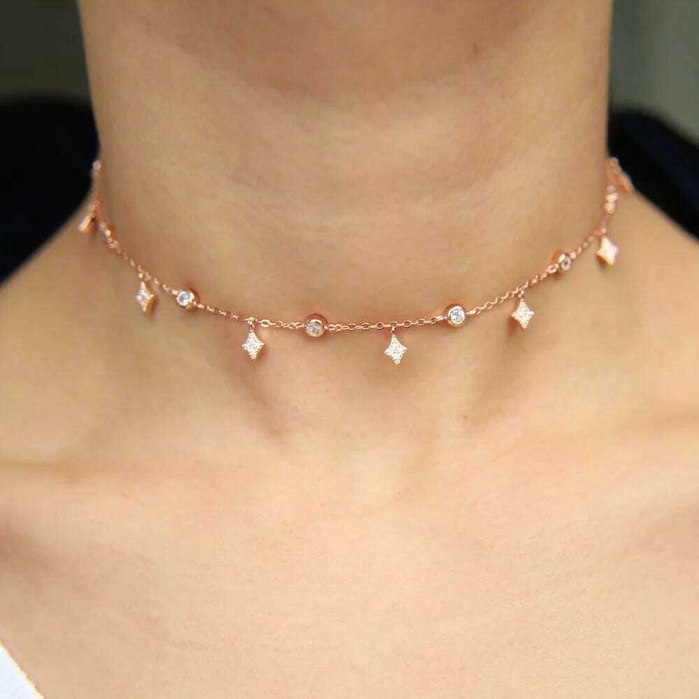 KIMLUD, Dainty 925 Sterling Silver Cz White Round Delicate Layer Choker Necklace Hot Fashion Elegant Jewelry For Women Wedding Gift, KIMLUD Womens Clothes