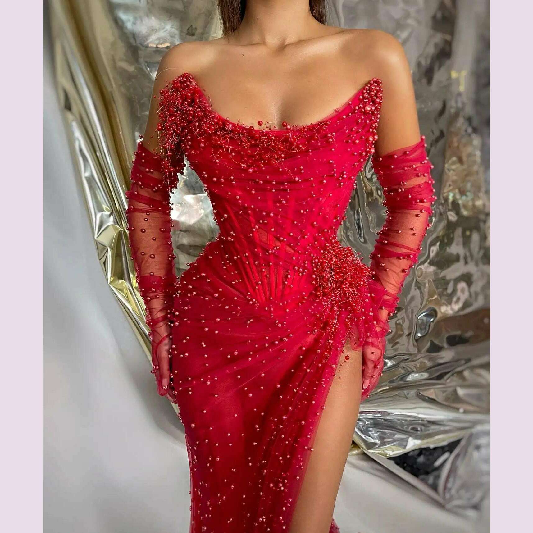 Dark Red Luxury Pearls Prom Dresses with Detachable Sleeves Gloves Sexy Strapless High Slit Formal Evening Dress Long Party Gown - KIMLUD