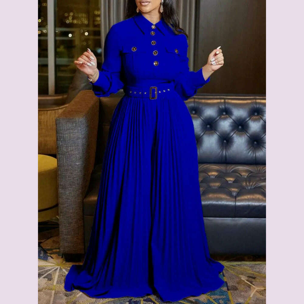 KIMLUD, Dashiki African Elegant Fashion Women Pleated Jumpsuits Long Sleeve Wide Leg Pants Rompers Party Office Outfits With Belt 2023, KIMLUD Womens Clothes