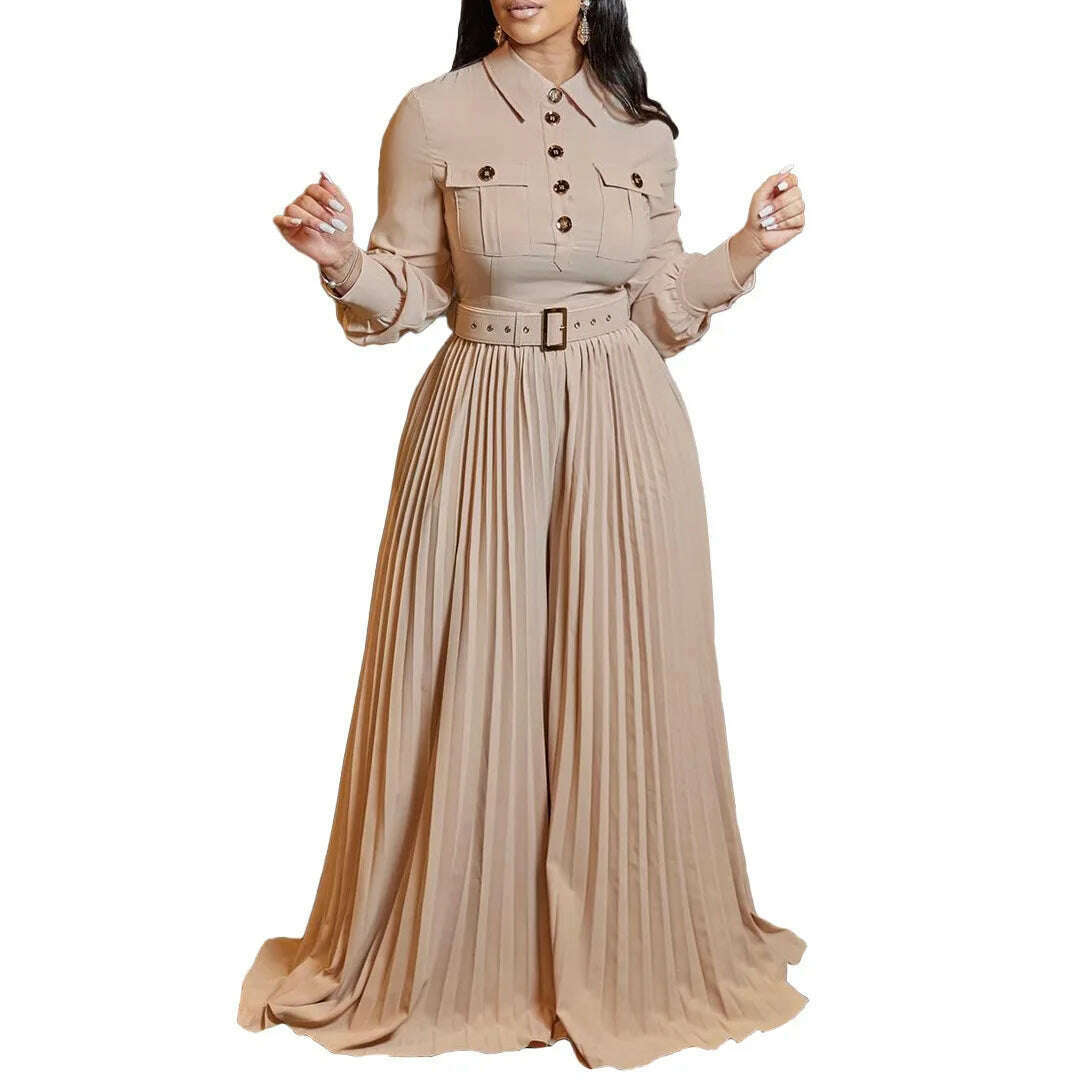 KIMLUD, Dashiki African Elegant Fashion Women Pleated Jumpsuits Long Sleeve Wide Leg Pants Rompers Party Office Outfits With Belt 2023, Khaki / S, KIMLUD APPAREL - Womens Clothes