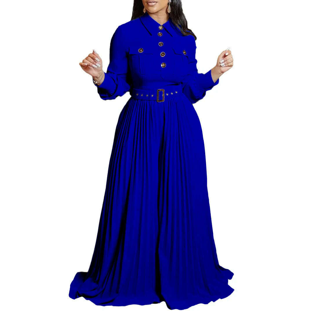 KIMLUD, Dashiki African Elegant Fashion Women Pleated Jumpsuits Long Sleeve Wide Leg Pants Rompers Party Office Outfits With Belt 2023, Blue / XXL, KIMLUD APPAREL - Womens Clothes