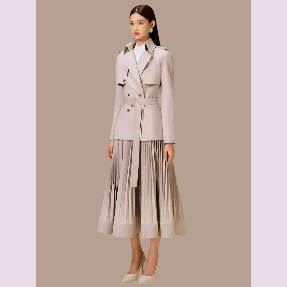 KIMLUD, DEAT 2 Pcs Set Notched Collar Double Breasted Belt Waist Trench Coat Pleated A-line Skirt Women's Suit 2024 Spring New Fashion, KIMLUD Womens Clothes