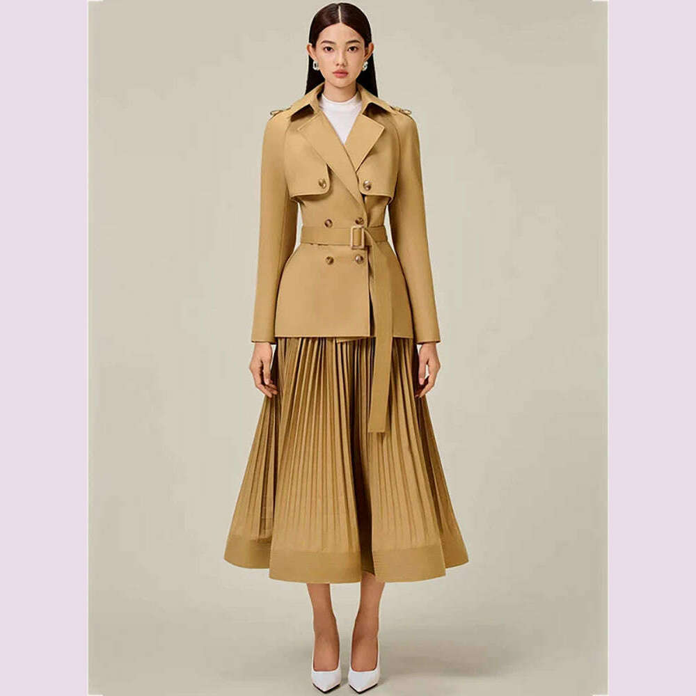 DEAT 2 Pcs Set Notched Collar Double Breasted Belt Waist Trench Coat Pleated A-line Skirt Women's Suit 2024 Spring New Fashion - KIMLUD