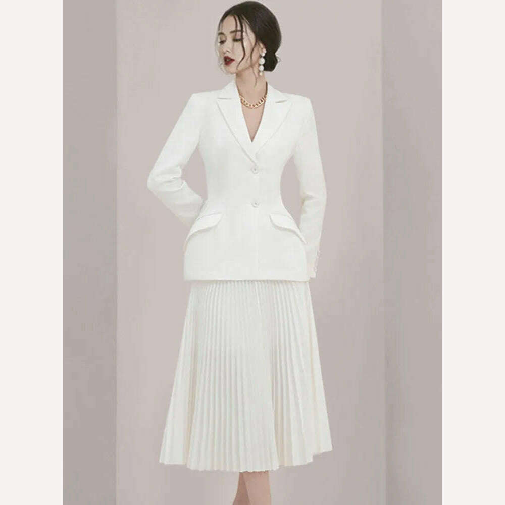 KIMLUD, DEAT 2024 Autumn Women Blazer 2 Pieces Set Full Sleeve Solid Color Coat Folds High Waist Skirt Elegant Female Fashion 15G7260, KIMLUD Womens Clothes