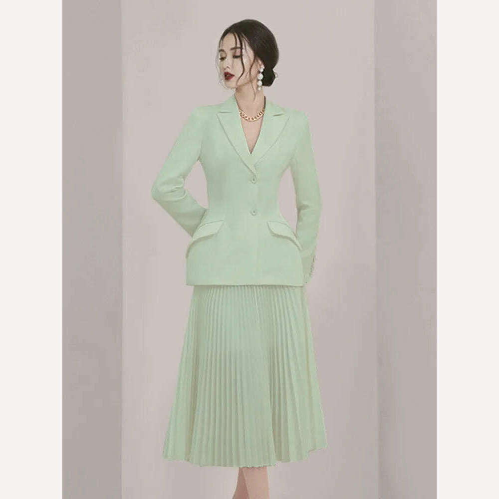 KIMLUD, DEAT 2024 Autumn Women Blazer 2 Pieces Set Full Sleeve Solid Color Coat Folds High Waist Skirt Elegant Female Fashion 15G7260, KIMLUD Womens Clothes