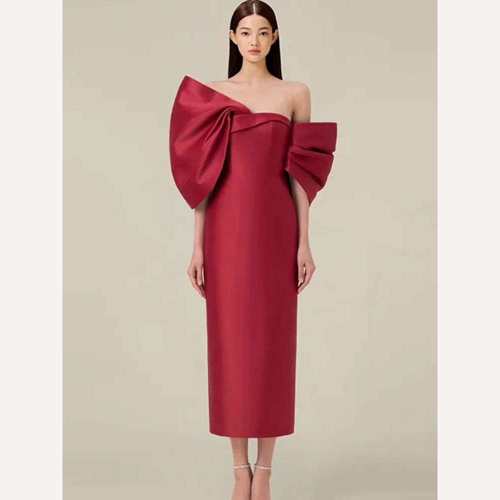 KIMLUD, DEAT Big Bow Evening Dress Contrast Color Backless Zipper Slim Split Women Strapless Dresses 2024 Summer New Fashion 13DB3947, L / red, KIMLUD APPAREL - Womens Clothes