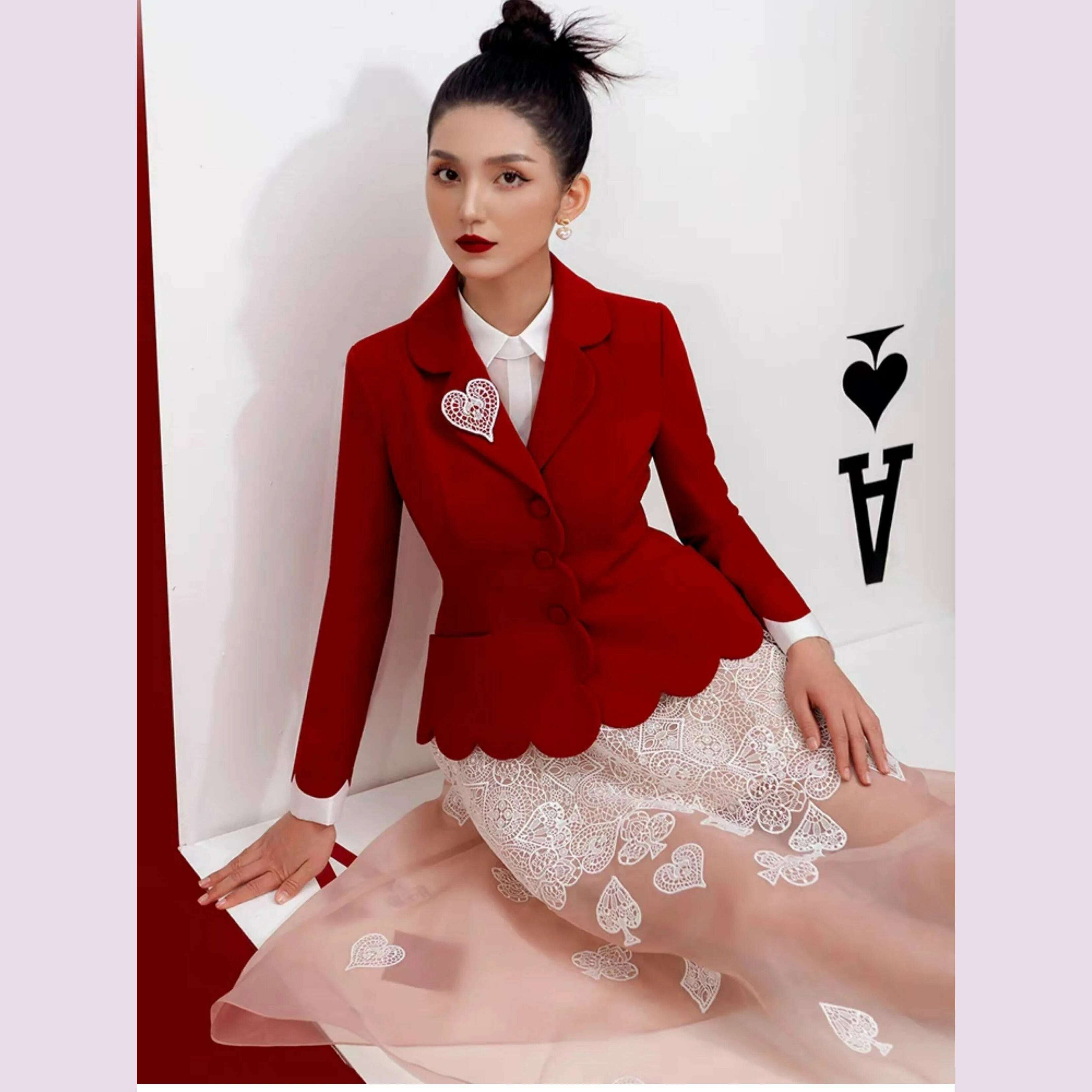 KIMLUD, DEAT Elegant 2 Pcs Set Heart Red Notched Collar Wavy Edge Blazer Embroidery Gauze Women's Suits 2024 Autumn New Fashion 13DB3597, KIMLUD Womens Clothes