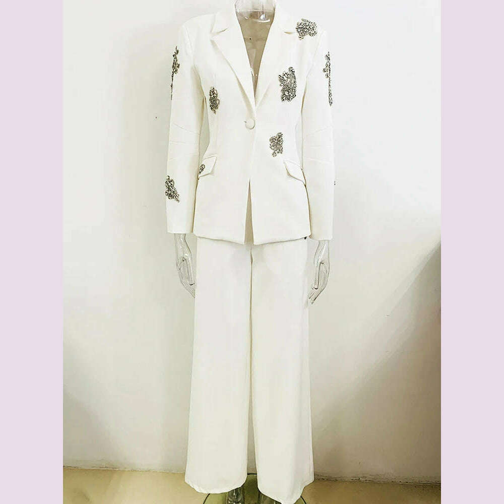 KIMLUD, DEAT Elegant 2 Pcs Set Notched Diamond Embroidered Flares Blazer Straight Pant Women's Office Lady Suit 2024 Autumn New 35Z826, White / S, KIMLUD APPAREL - Womens Clothes