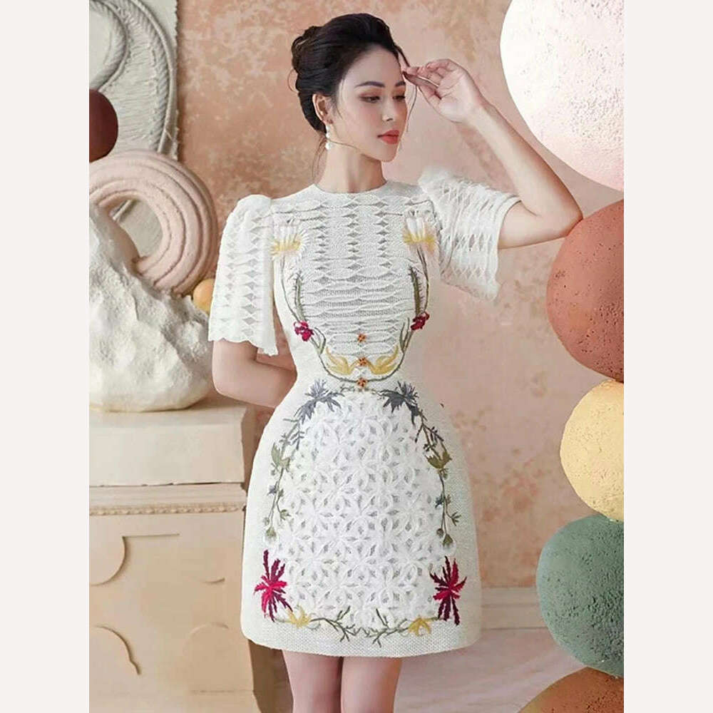 KIMLUD, DEAT Elegant Dress Puff Sleeve Patchwork High Waist Embroidery Flowers A-line Women's Dresses 2024 Spring New Fashion 13DB3768, beige / S, KIMLUD APPAREL - Womens Clothes