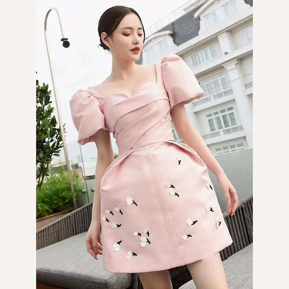 DEAT Elegant Dress Puff Sleeve Square Collar Pink Embroidered Flowers Mini Women's Party Dress 2024 Spring New Fashion 13DB4005 - KIMLUD