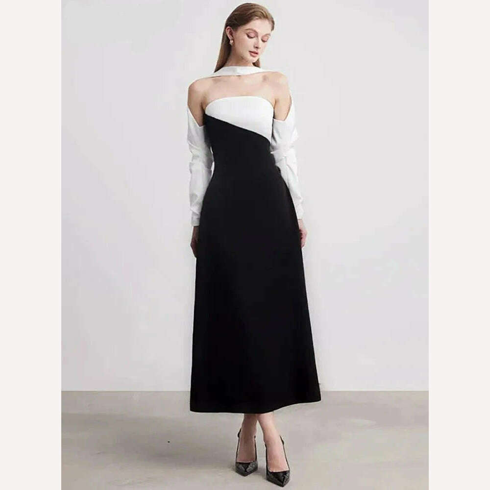 DEAT Elegant Dress Strapless Off Shoulder Contrast Color Asymmetric Women's Party Halter Dress 2024 Summer New Fashion 13DB4516 - KIMLUD