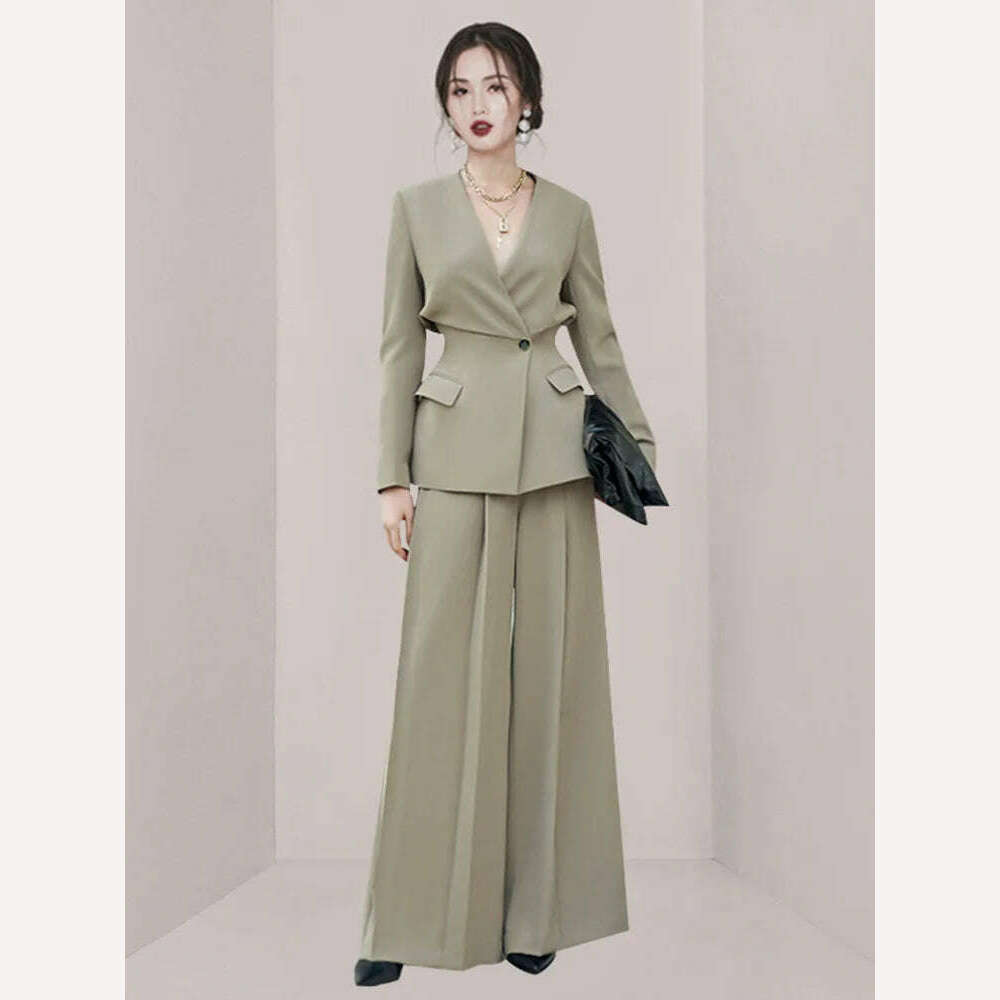 KIMLUD, DEAT Elegant Wide Leg Pants Set Long Sleeve V-Neck Blazer Gathered Waist Loose Office Lady Ensemble Spring New 2024, Gray / L, KIMLUD APPAREL - Womens Clothes