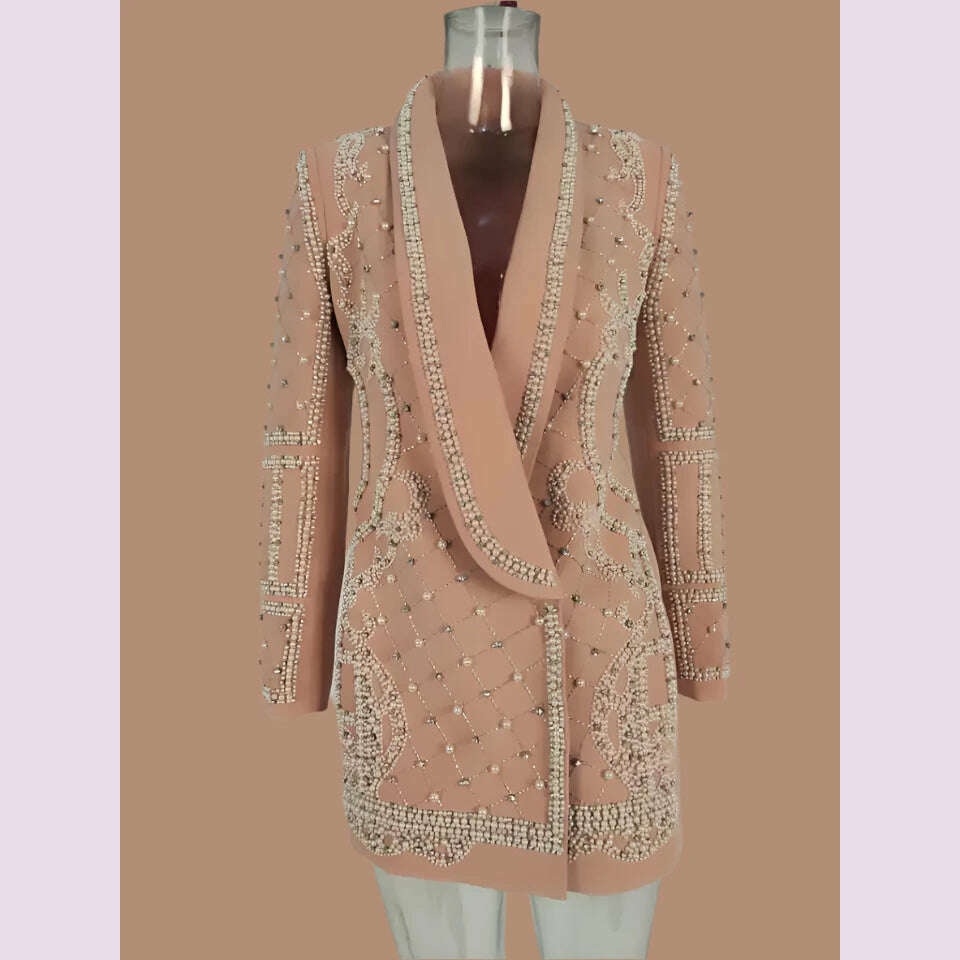 KIMLUD, DEAT Fashion Women&#39;s Blazer Handmade Pearl Beaded Shawl Collar Hidden Breasted Long Sleeve Suit Jackets Spring 2023 New 17A4050H, Naked Powder / S, KIMLUD APPAREL - Womens Clothes