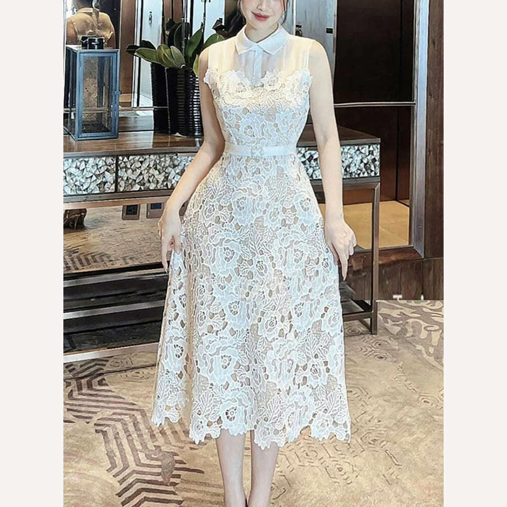 KIMLUD, DEAT Lace Dress Lapel Sleeveless Rhinestone Belt Translucent Embroidery Zipper Women's Dresses Spring 2024 New Fashion 13DB2798, KIMLUD Womens Clothes