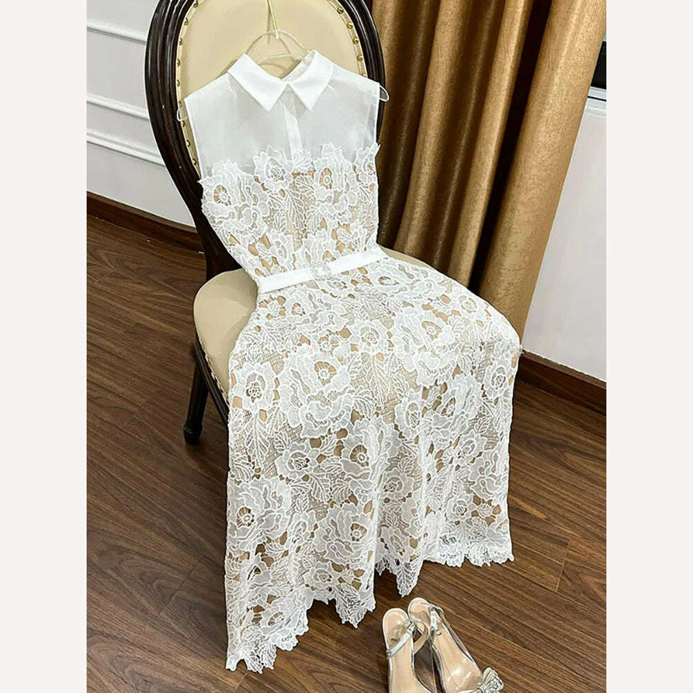 KIMLUD, DEAT Lace Dress Lapel Sleeveless Rhinestone Belt Translucent Embroidery Zipper Women's Dresses Spring 2024 New Fashion 13DB2798, KIMLUD Womens Clothes