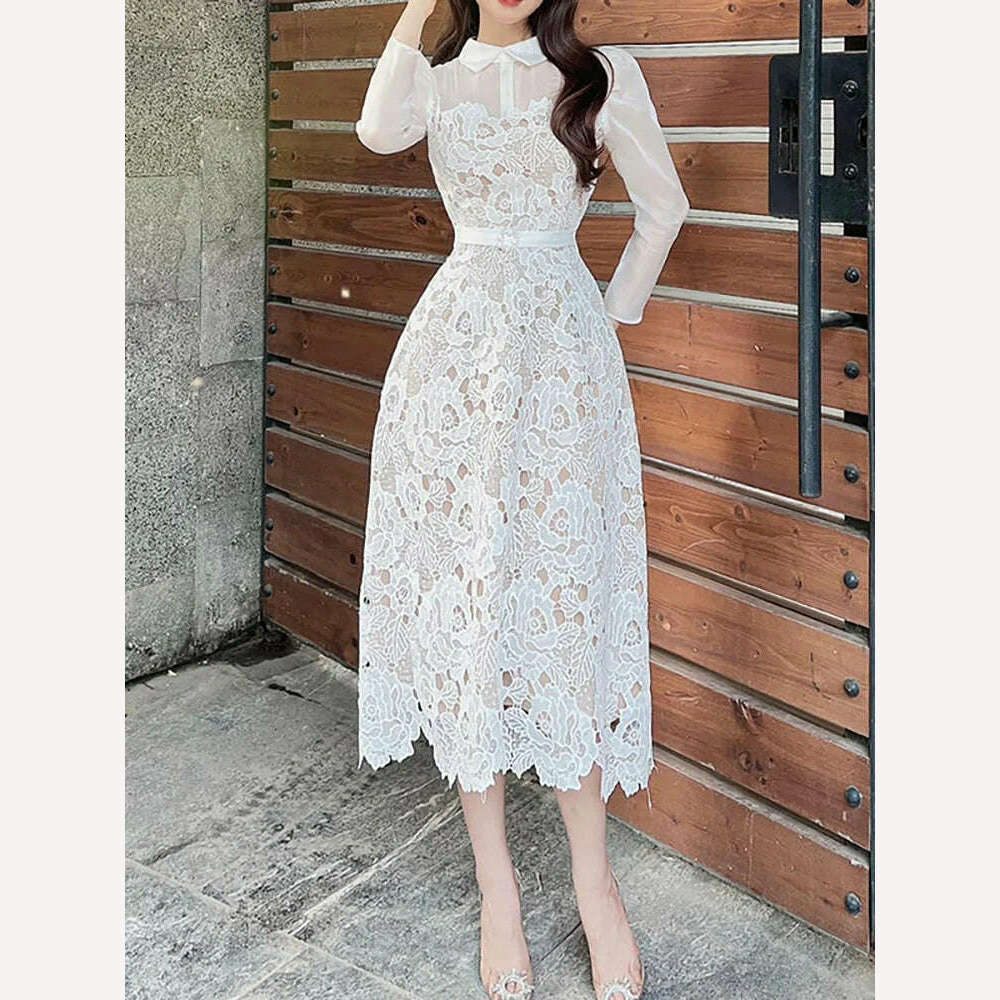 KIMLUD, DEAT Lace Dress Lapel Sleeveless Rhinestone Belt Translucent Embroidery Zipper Women's Dresses Spring 2024 New Fashion 13DB2798, KIMLUD Womens Clothes