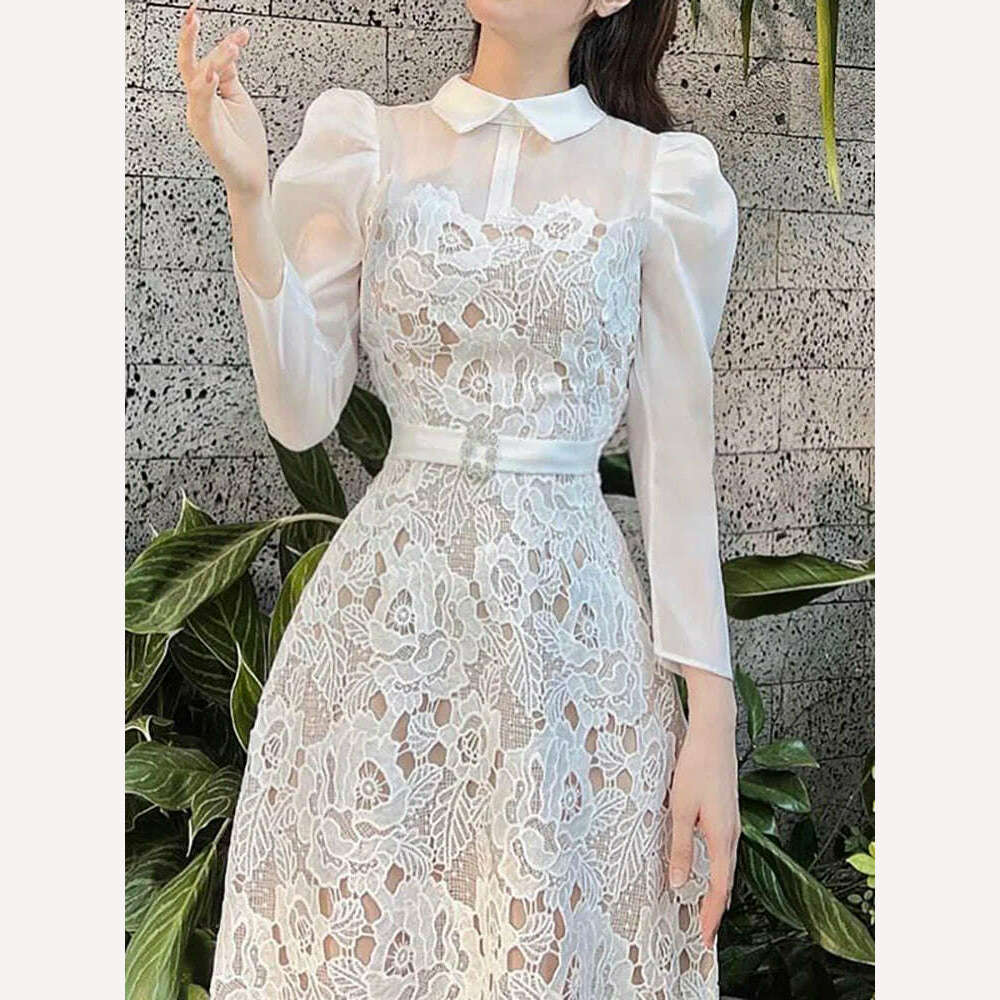 KIMLUD, DEAT Lace Dress Lapel Sleeveless Rhinestone Belt Translucent Embroidery Zipper Women's Dresses Spring 2024 New Fashion 13DB2798, KIMLUD Womens Clothes