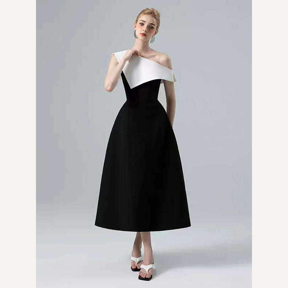 DEAT Strapless Dress for Women with Slash Neck Contrast Color Waist Retraction Zipper Mid-Calf Length Spring Season New Fashion - KIMLUD