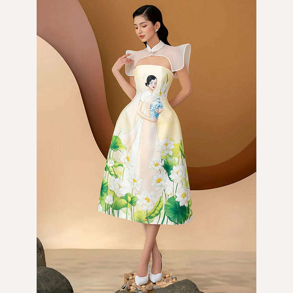 DEAT Strapless Dress Spliced Design Printed Flowers Design Waist A-line Women's Party Dress 2024 Spring New Fashion 13DB4000 - KIMLUD