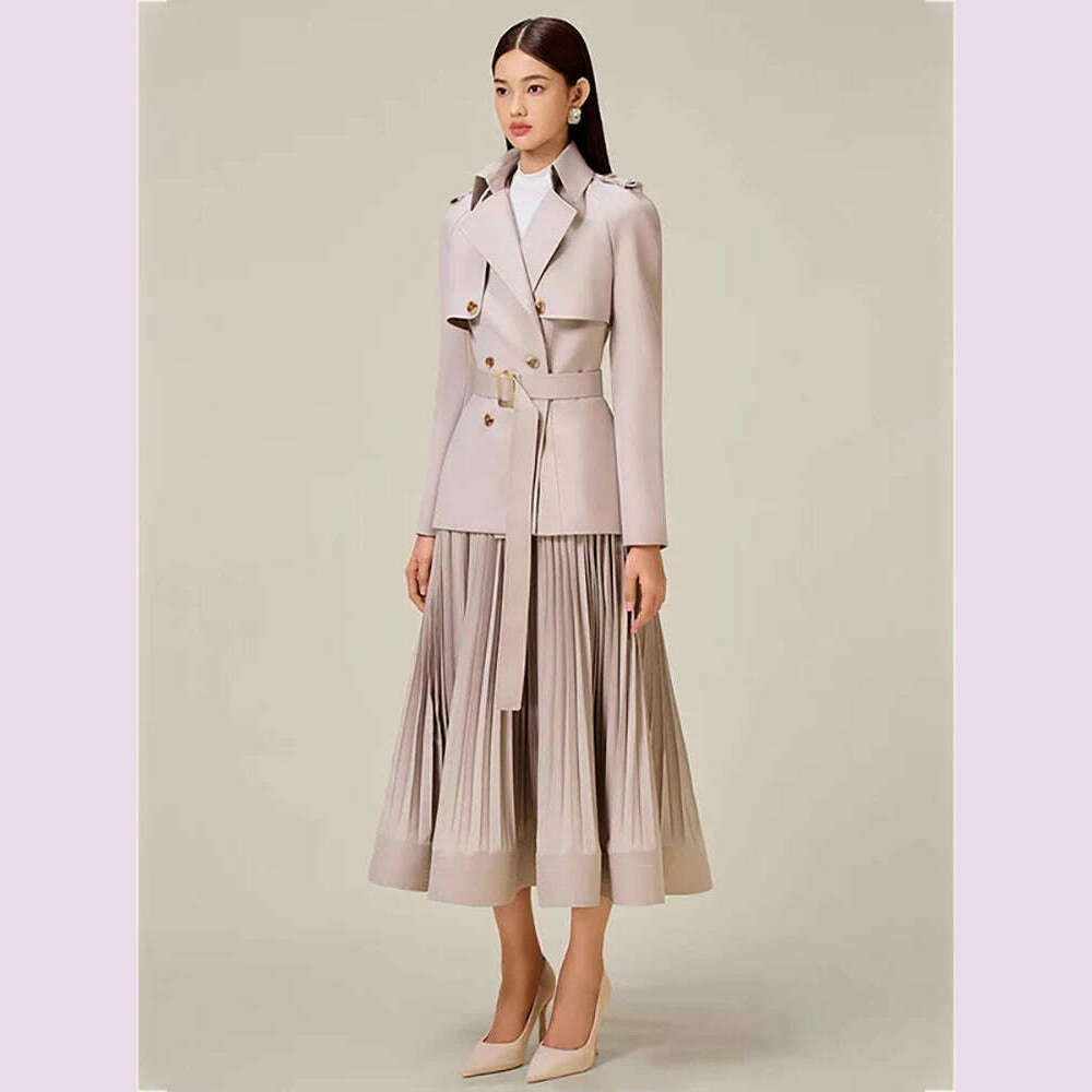 KIMLUD, DEAT Women 2 Pcs Set Notched Collar Long Sleeve Double Breasted Belt Coat Folds Skirt Office Lady Suit Autumn 2024 New 13DB4515, KIMLUD Womens Clothes