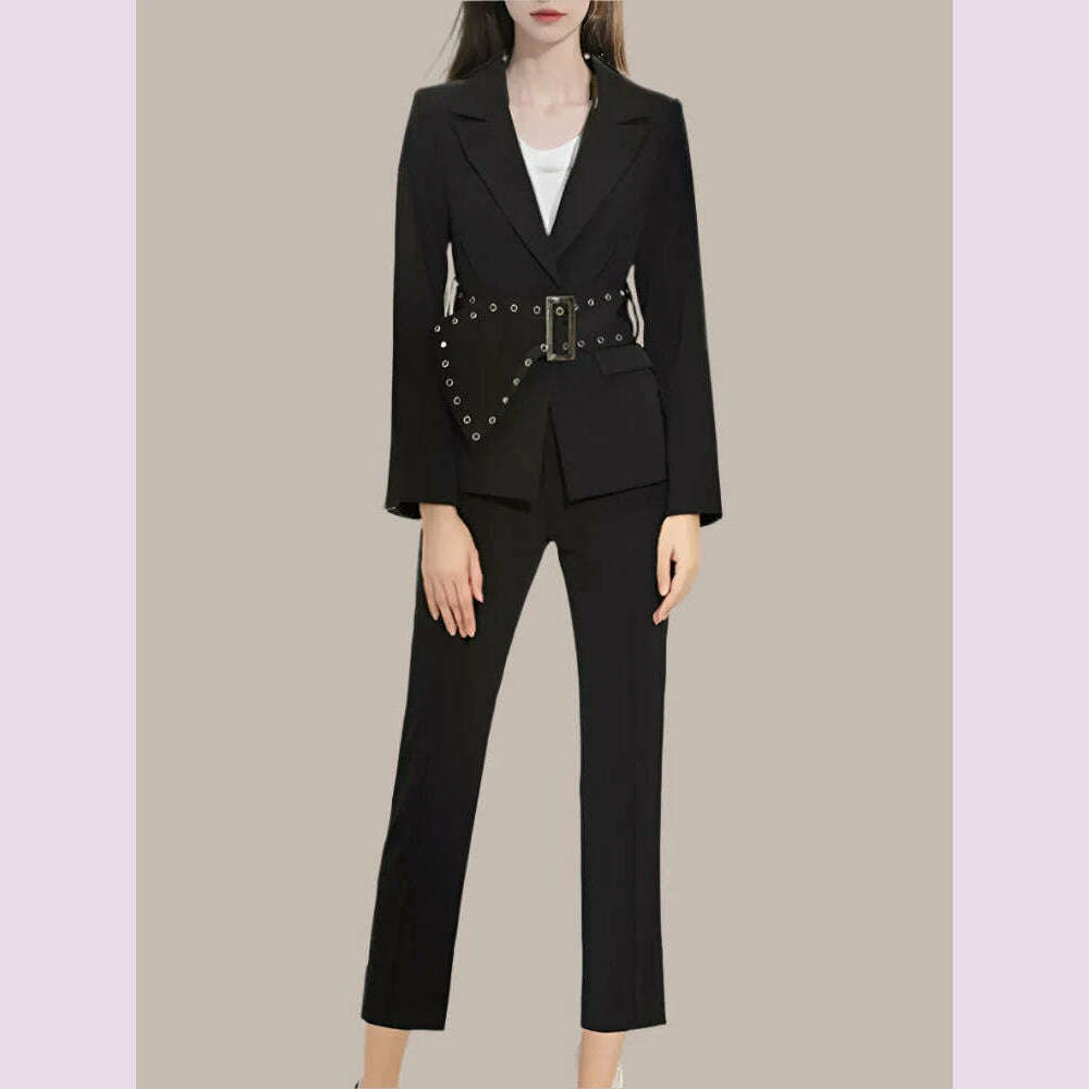 KIMLUD, DEAT Women 2024 Autumn 2 Piece Pants Set Long Sleeve Spliced Lapel Tops Office Lady Pants Female Solid Suits New Models 15C479, KIMLUD Womens Clothes