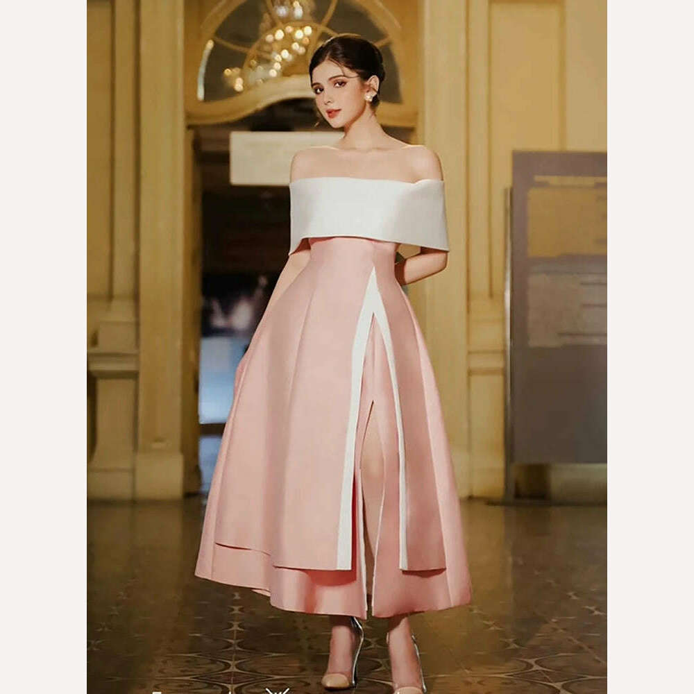 KIMLUD, DEAT Women's Fashion Evening Dress Slash Neck Backless Pink Contrast Color Split Elegant Party Dresses Summer 2024 New 13DB4429, KIMLUD Womens Clothes