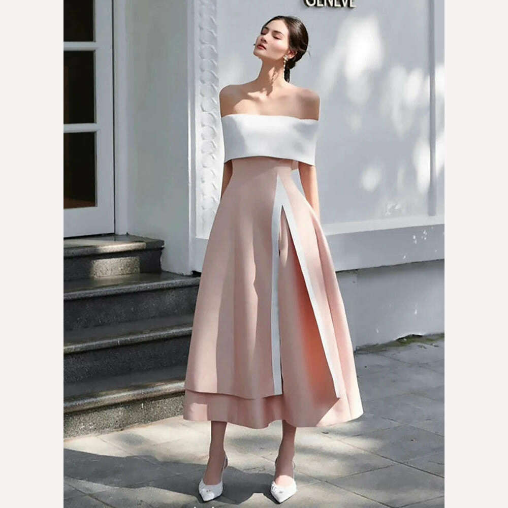 KIMLUD, DEAT Women's Fashion Evening Dress Slash Neck Backless Pink Contrast Color Split Elegant Party Dresses Summer 2024 New 13DB4429, KIMLUD Womens Clothes