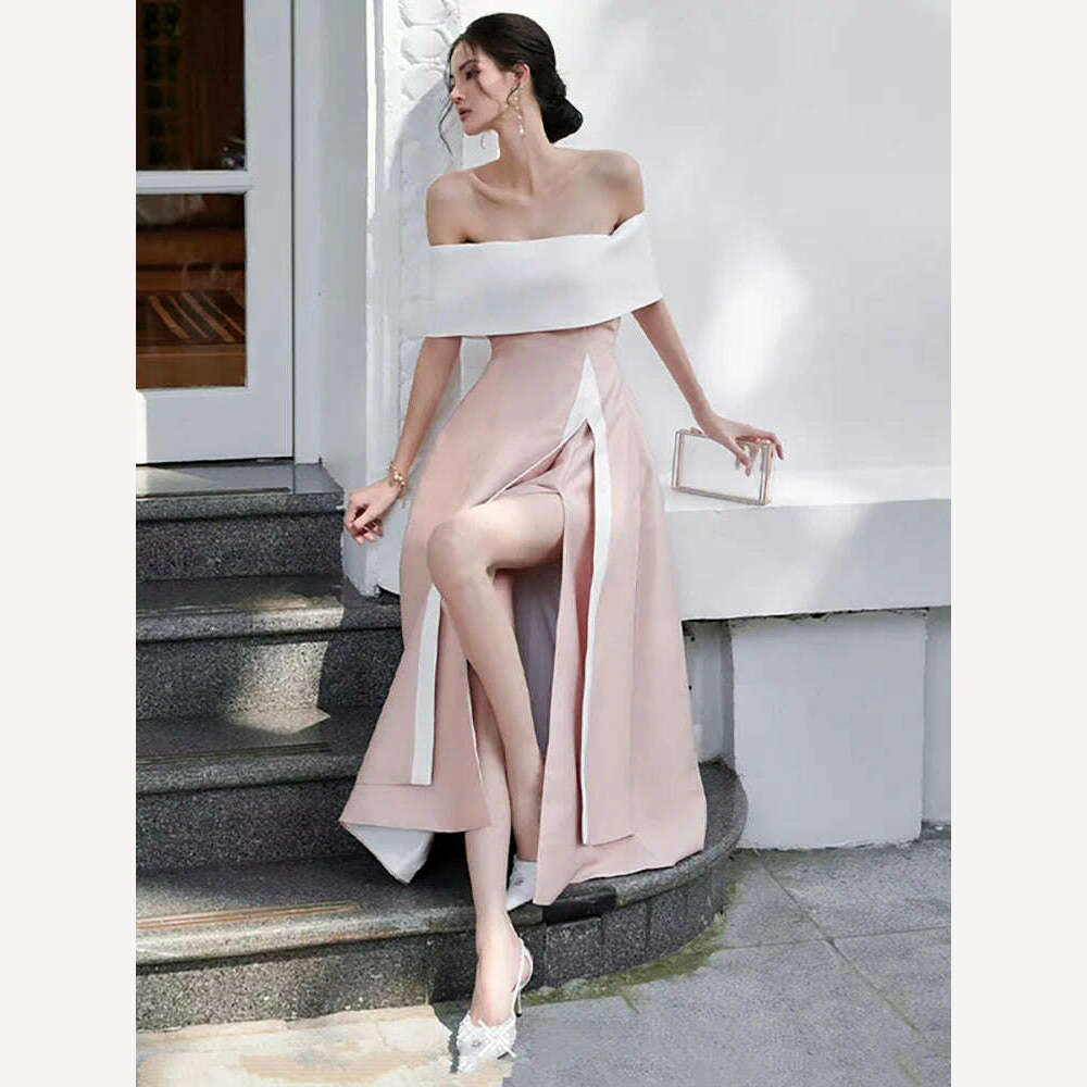 KIMLUD, DEAT Women's Fashion Evening Dress Slash Neck Backless Pink Contrast Color Split Elegant Party Dresses Summer 2024 New 13DB4429, KIMLUD Womens Clothes