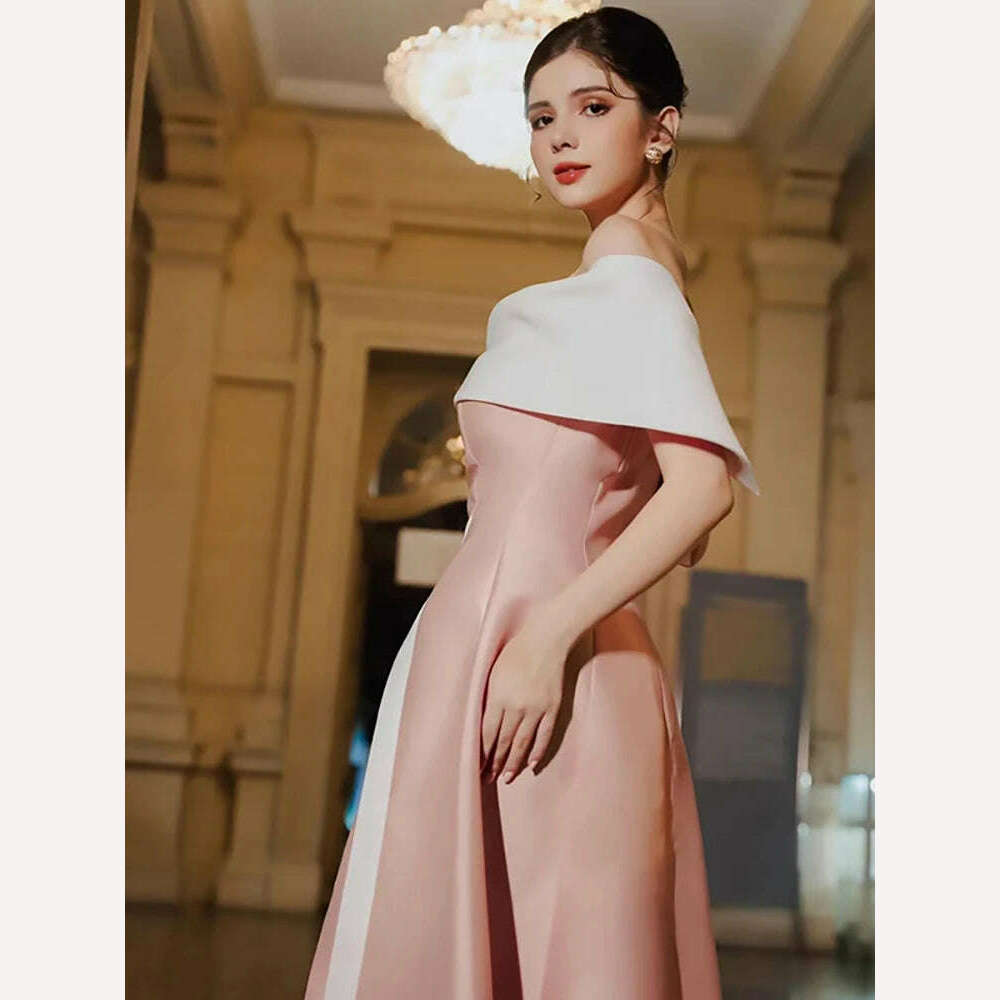 KIMLUD, DEAT Women's Fashion Evening Dress Slash Neck Backless Pink Contrast Color Split Elegant Party Dresses Summer 2024 New 13DB4429, KIMLUD Womens Clothes