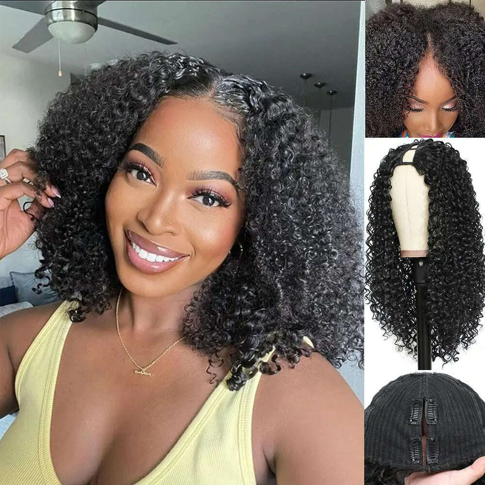 Deep Curly V Part Wigs Kinky Curly Synthetic Hair Wigs for Black Women Deep Water Wave No Leave Out Full Head Clip In Half Wig - KIMLUD