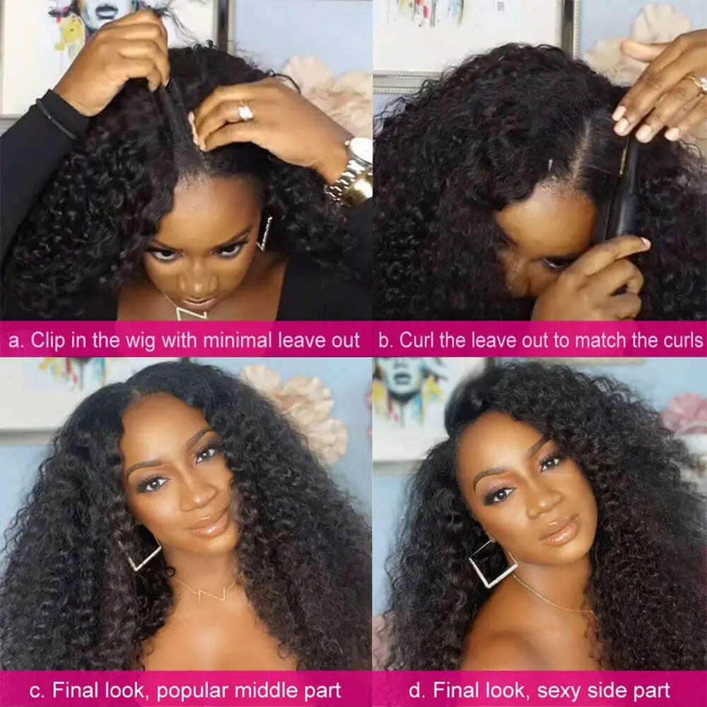 Deep Curly V Part Wigs Kinky Curly Synthetic Hair Wigs for Black Women Deep Water Wave No Leave Out Full Head Clip In Half Wig - KIMLUD