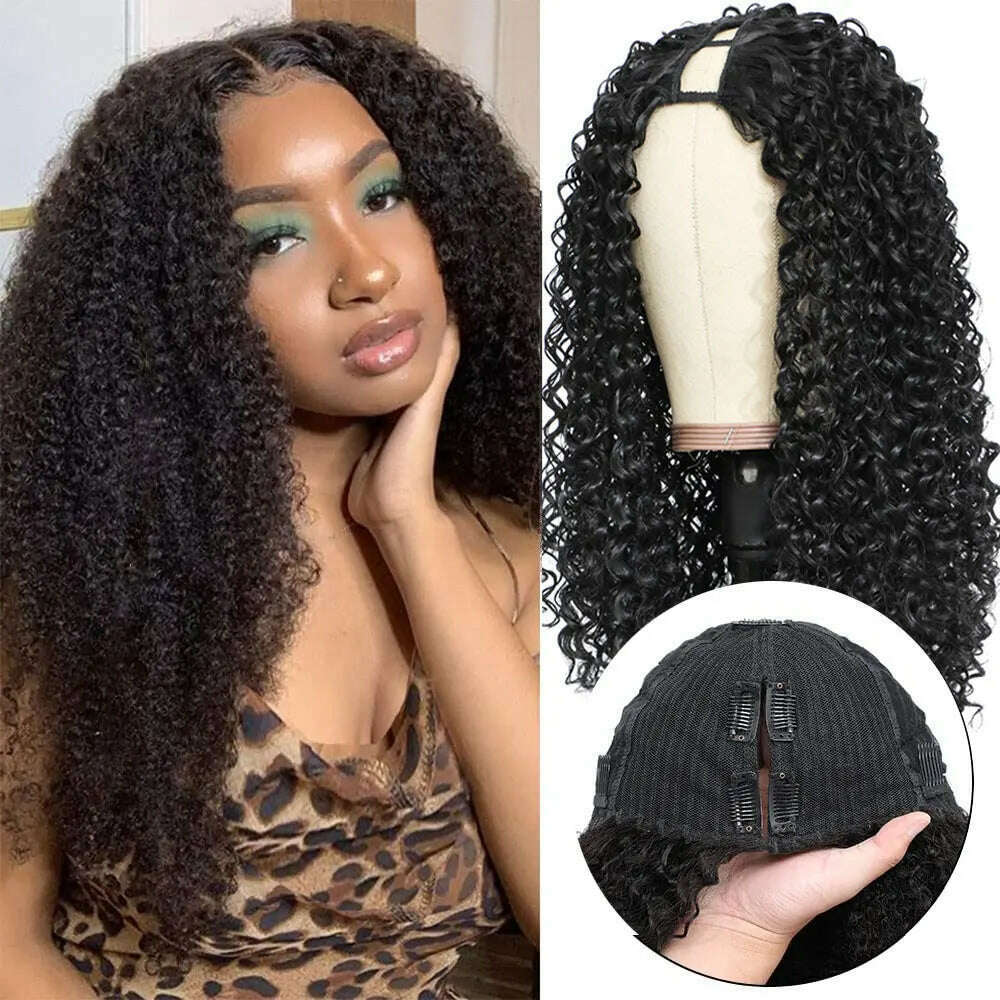 Deep Curly V Part Wigs Kinky Curly Synthetic Hair Wigs for Black Women Deep Water Wave No Leave Out Full Head Clip In Half Wig - KIMLUD