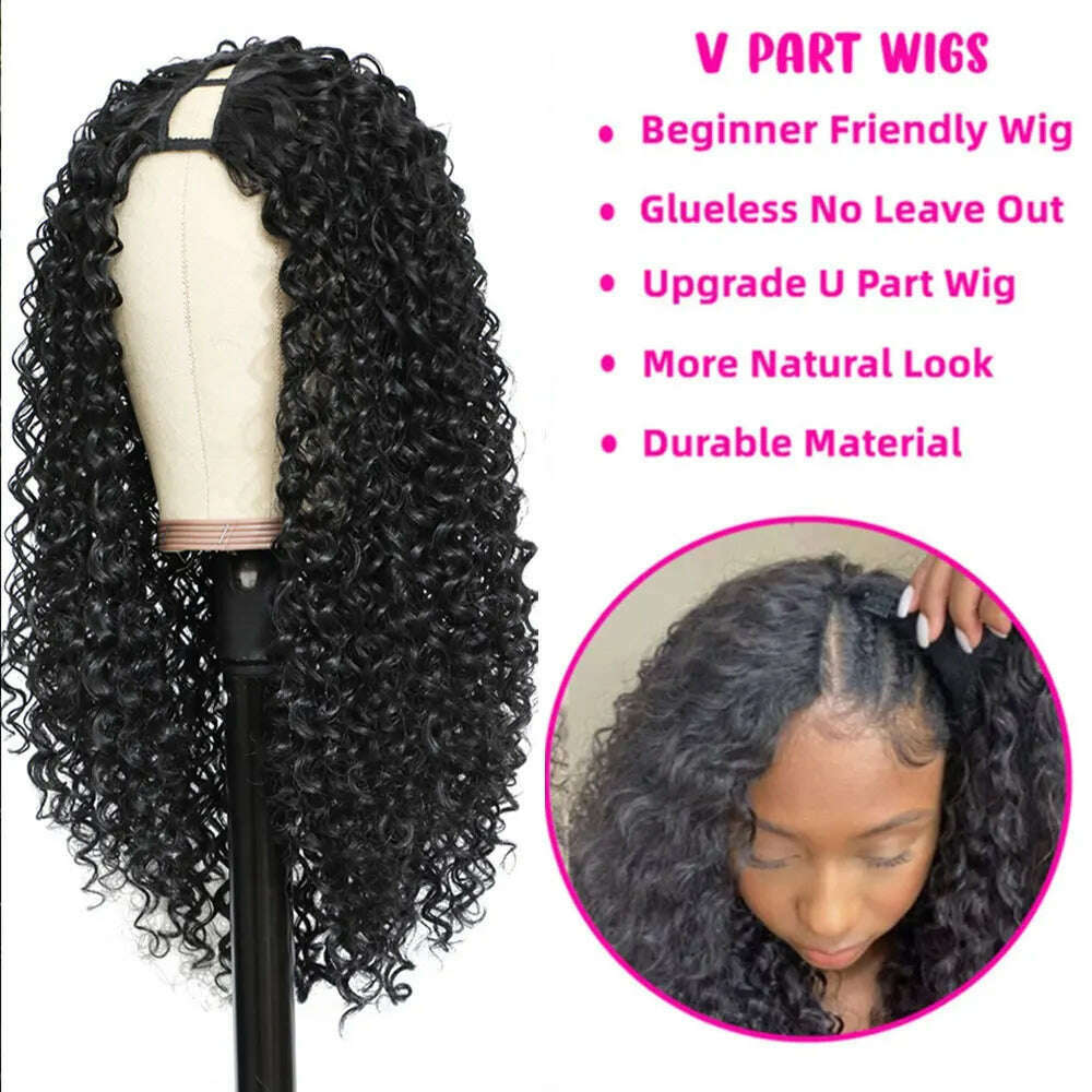 Deep Curly V Part Wigs Kinky Curly Synthetic Hair Wigs for Black Women Deep Water Wave No Leave Out Full Head Clip In Half Wig - KIMLUD