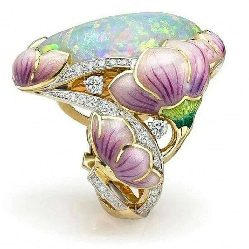 Delicate Fashion Gold Color Floral Ring Lavender Fuchsia Lotus Enamel Oval Cut Fire Stone Bridal Engagement Rings for Women - KIMLUD