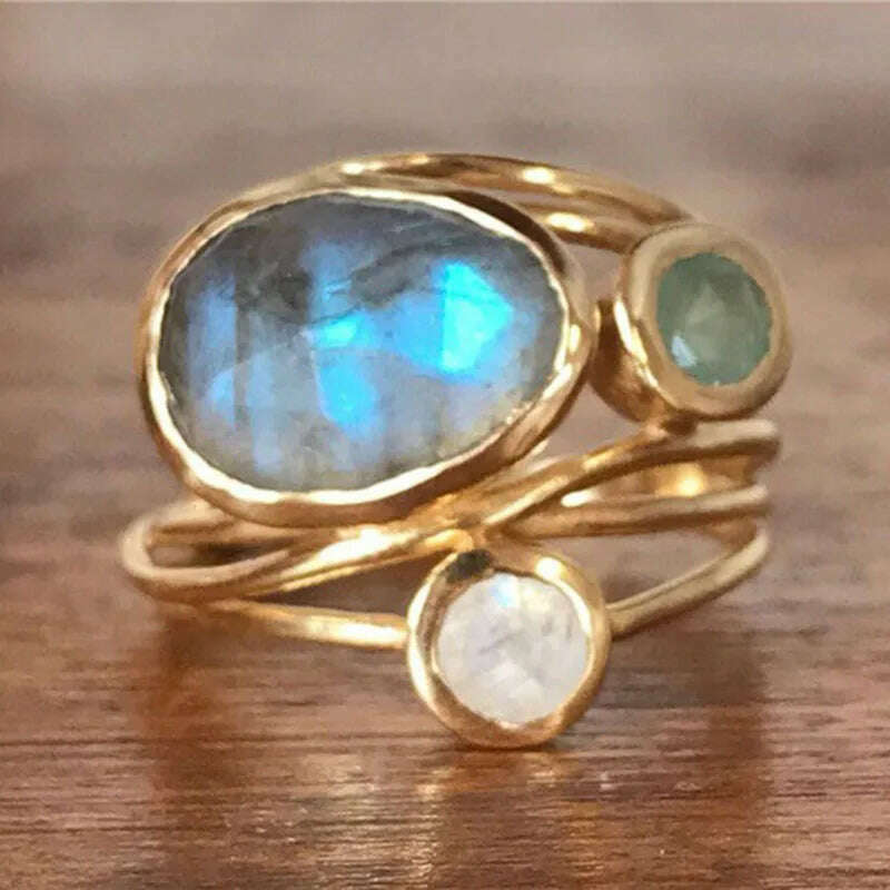 Delicate Multi-layers Cross Moonstone Rings for Women Boho Gold Color Round Opal Resin Simulated Shell Rings - KIMLUD