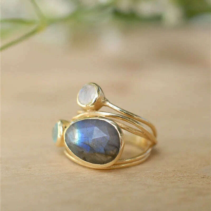 Delicate Multi-layers Cross Moonstone Rings for Women Boho Gold Color Round Opal Resin Simulated Shell Rings - KIMLUD