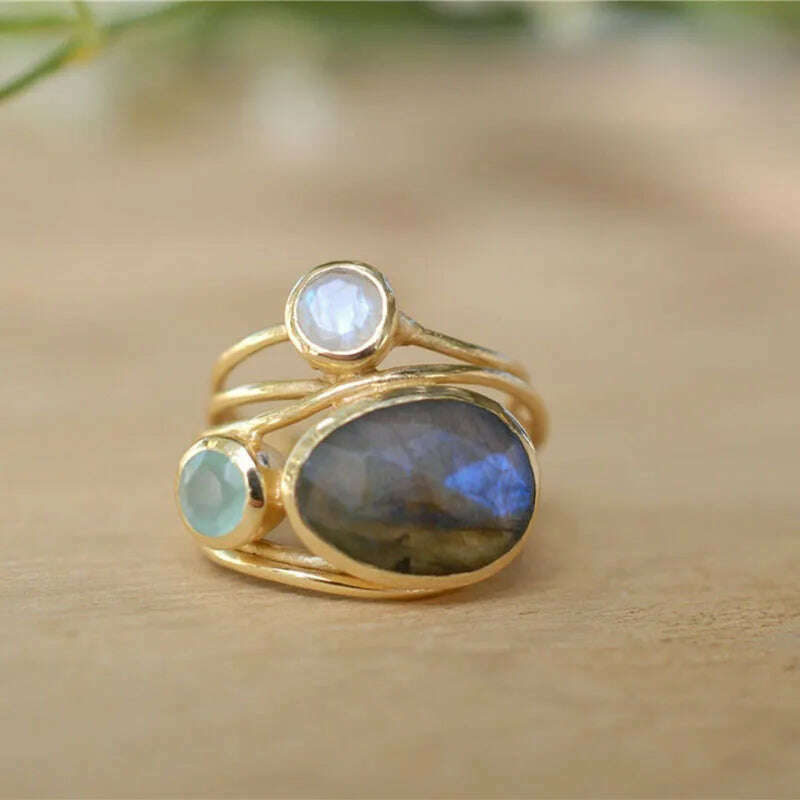 Delicate Multi-layers Cross Moonstone Rings for Women Boho Gold Color Round Opal Resin Simulated Shell Rings - KIMLUD