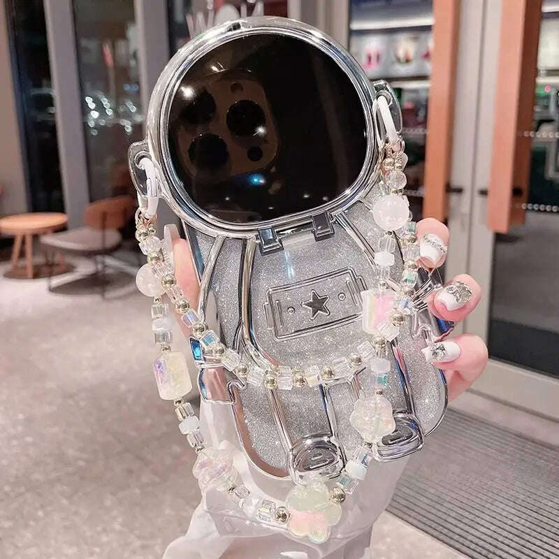 KIMLUD, Deluxe 3D Astronaut Doll Lens Vanity Mirror Stand Wristband Phone Case for iPhone 15 14 13 12 11 Back Cover of Pro Max Plus, iphone11Promax / Silver, KIMLUD APPAREL - Womens Clothes