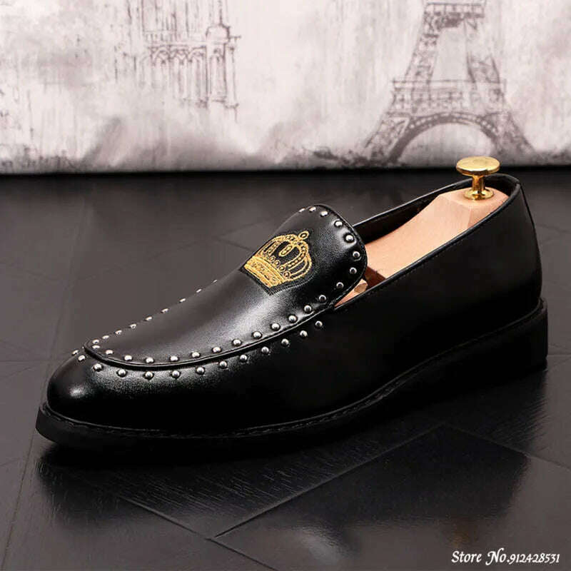 KIMLUD, Designer Brand Casual Shoes Men Britain Crown Embroidery Rivet Oxford Homecoming Dress Wedding Prom Loafer Sapato Social Zapatos, KIMLUD Womens Clothes