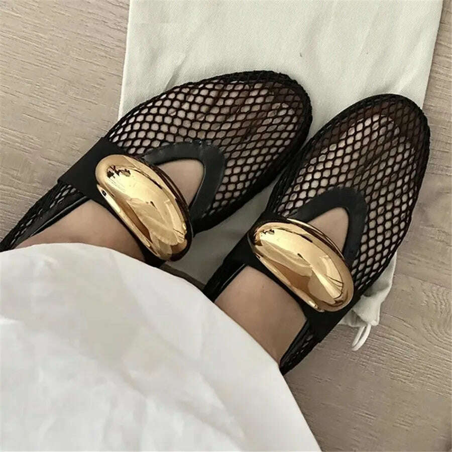 KIMLUD, Designer Women Ballet Flats Hollow Out Mesh Walking Loafers Ladies Metal Decor Mary Janes Flat Shoes Espadrilles Summer Sandals, KIMLUD Womens Clothes