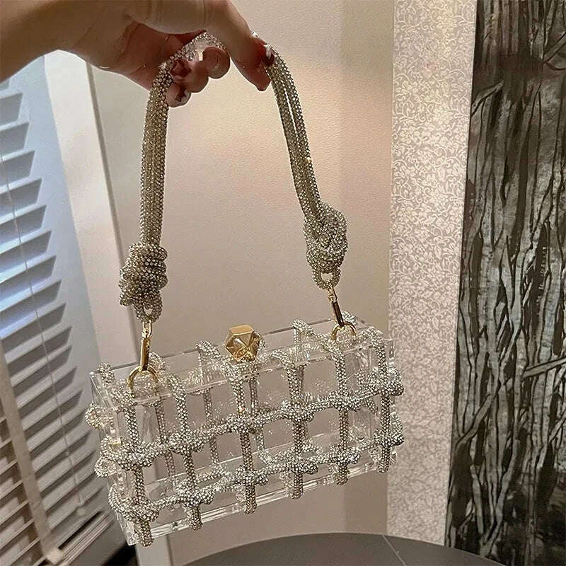 Diamond Clear Acrylic Box Evening Clutch Bags Women Boutique Woven Knotted Rope Rhinestone Purse and Handbags Wedding Party Ins - KIMLUD