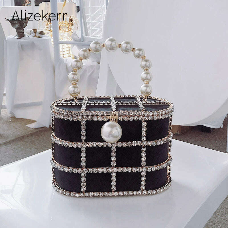 KIMLUD, Diamonds Basket Evening Clutch Bags Women 2019 Luxury Hollow Out Preal Beaded Metallic Cage Handbags Ladies Wedding Party Purse, KIMLUD Womens Clothes