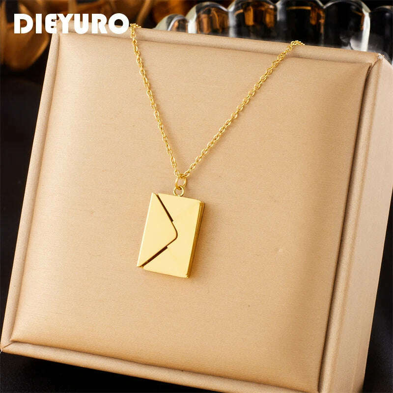 KIMLUD, DIEYURO 316L Stainless Steel Gold Color Envelope Pendant Necklace For Women Fashion New Party Gift Neck Chain Jewelry Colar, KIMLUD Womens Clothes